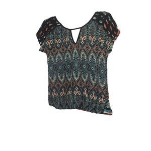 California Moon Rise Women's Cap Sleeve Abstract Blouse Top Tan Blue Size S/P